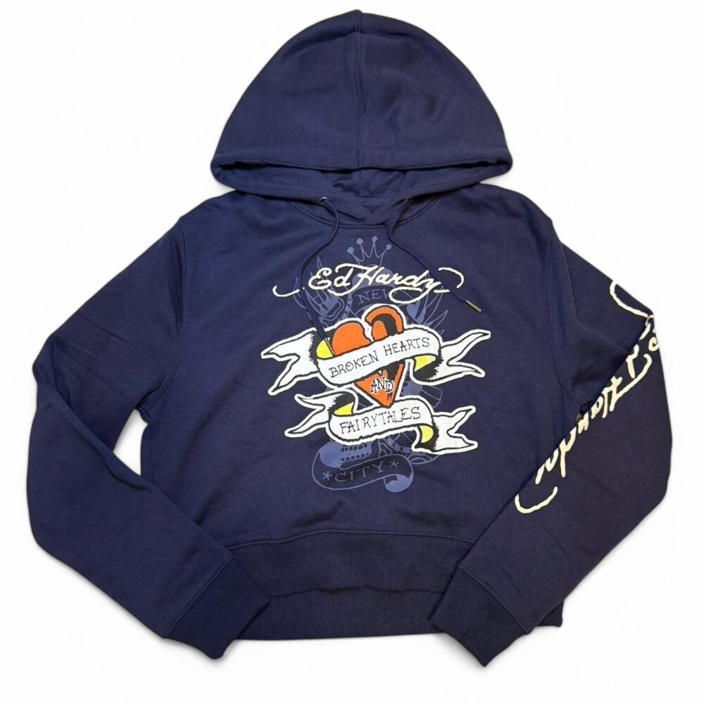 NWT Ed Hardy Navy Women's Cropped Hoodie Broken Heart and Fairy Tales